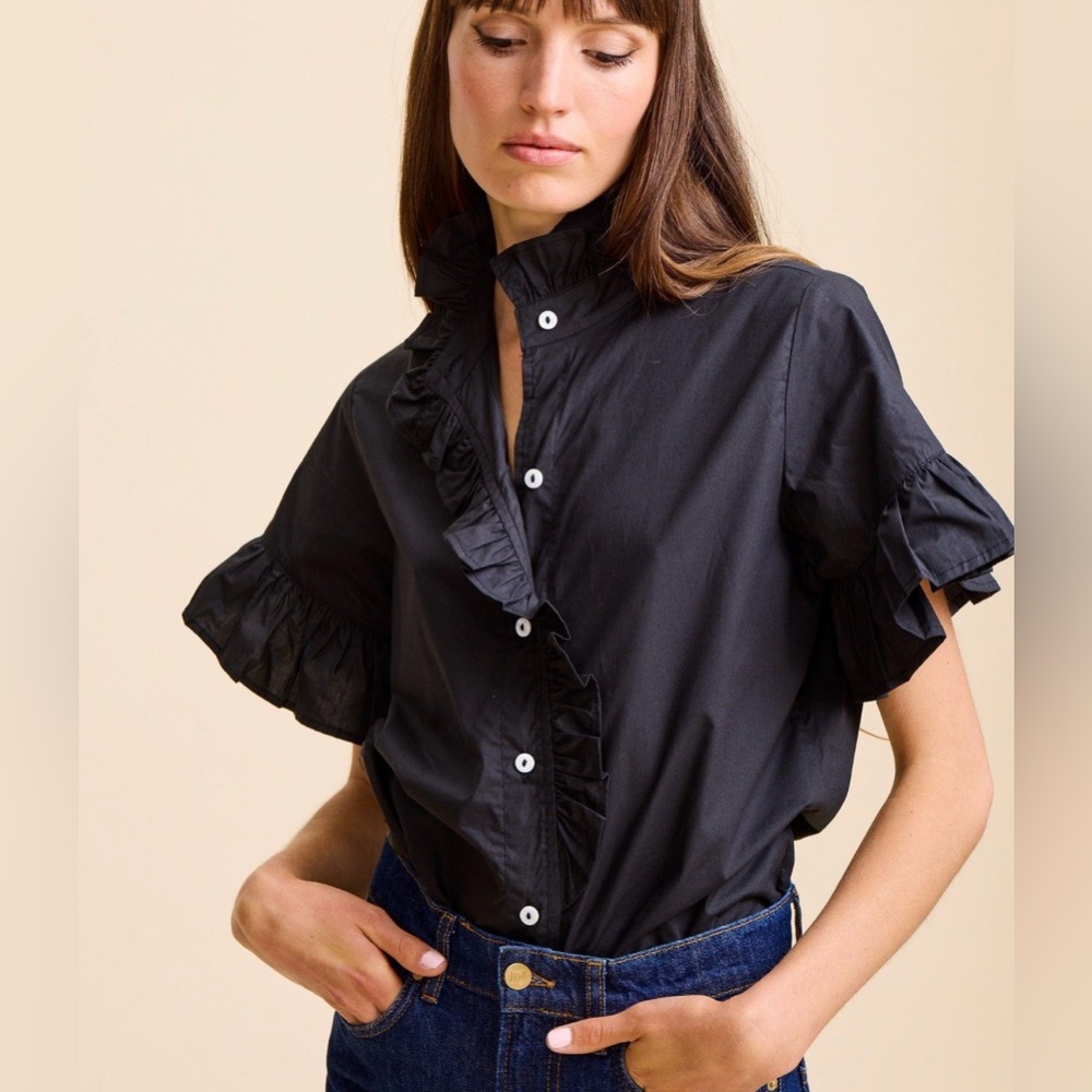 Mille Vanessa Ruffle Top Black 100% Cotton Blouse Size S